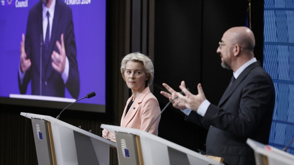 European Council President Charles Michel, right, and European Commission President Ursula von der Leyen address a media conference at an EU Summit in Brussels, 21 March 2024