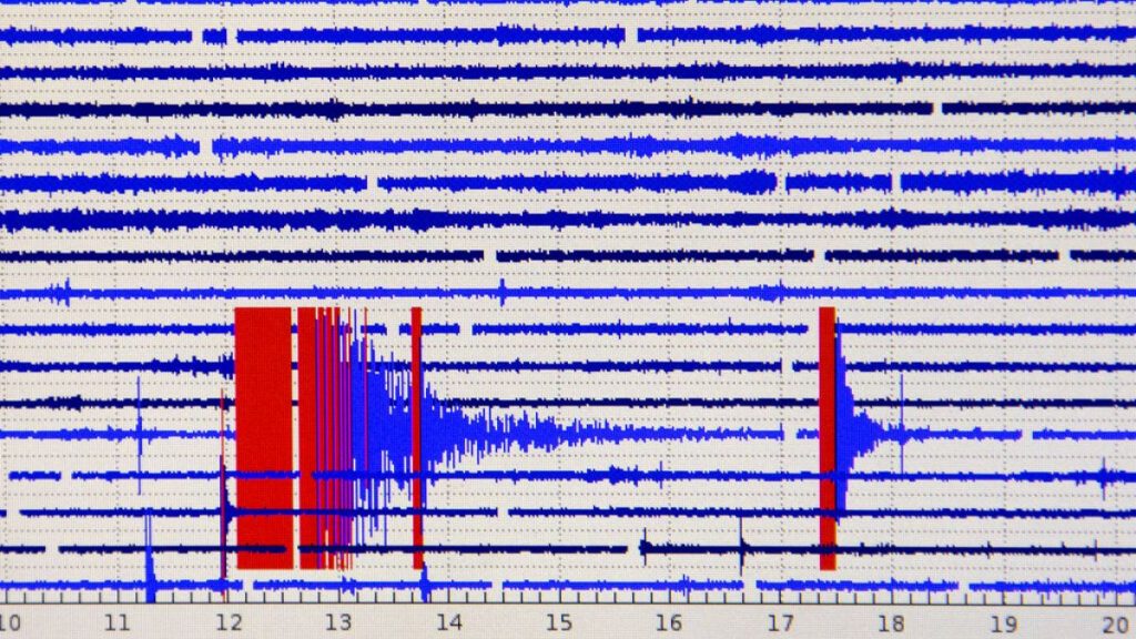 A seismograph report at Lick Observatory shows the readout of a magnitude 5.1 earthquake east of San Jose, Calif., Tuesday, Oct. 25, 2022. (Karl Mondon/Bay Area News Group via