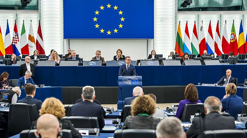 Le Finlandais Petteri Orpo s'est adressé au Parlement européen à Strasbourg, en France.