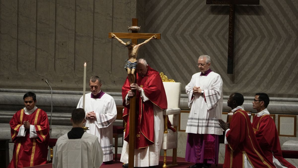 Pope Francis leads the liturgy of the passion on Good Friday in St. Peter