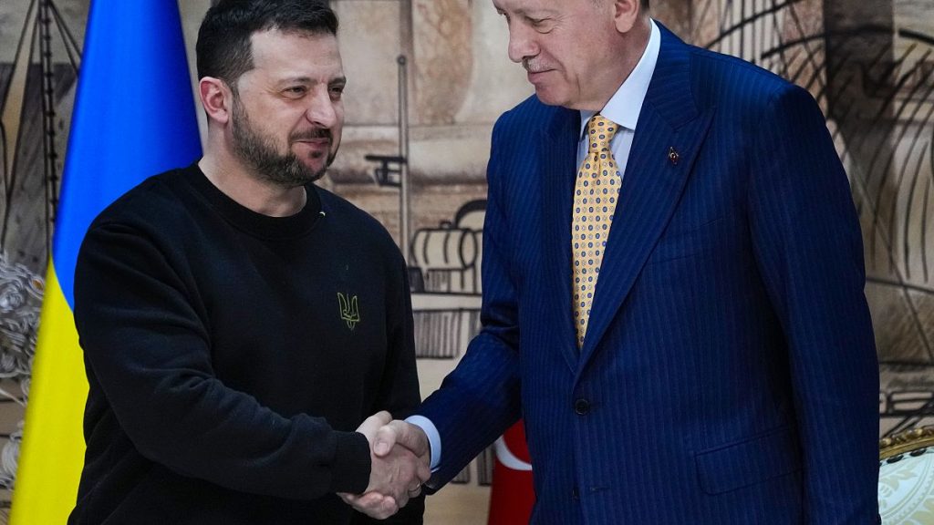 Turkish President Recep Tayyip Erdogan, right, shakes hands with Ukrainian President Volodymyr Zelenskyy in Istanbul, Turkey, Friday, March 8, 2024.