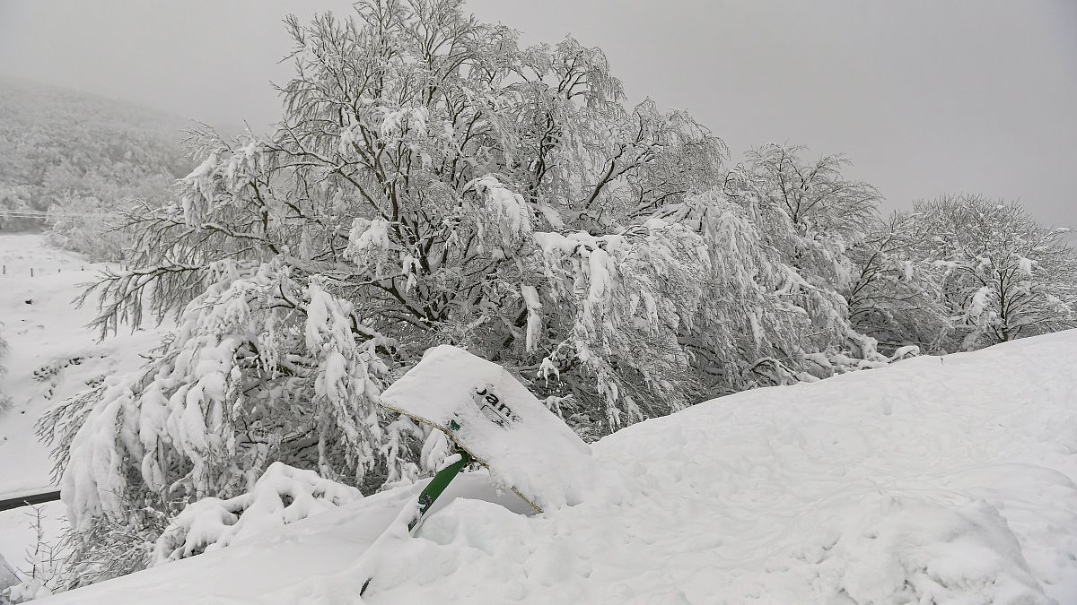 The snow covers the landscape near the French border in Ibaneta, northern Spain, Monday, Jan. 8, 2024.