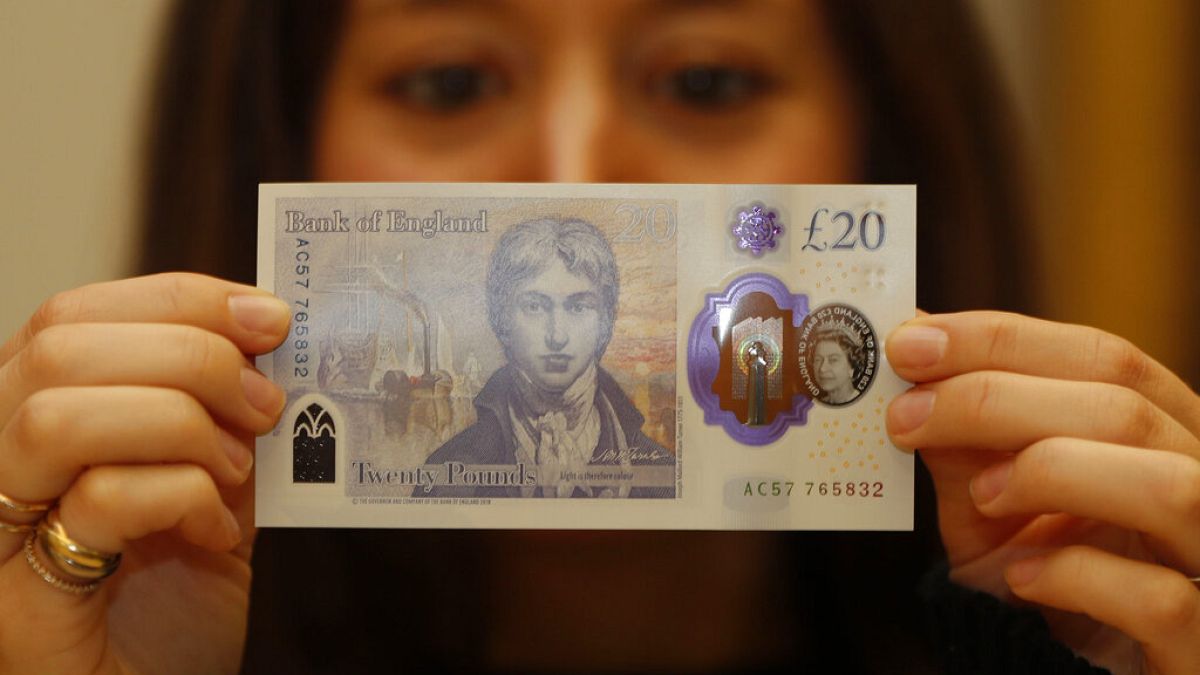 The new 20 pound bank note is displayed during a photo opportunity at the Tate Britain in London, Thursday, Feb. 20, 2020.