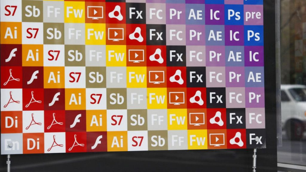 Adobe program logos are shown at Adobe headquarters in San Jose, Calif., Tuesday, Dec. 15, 2009.