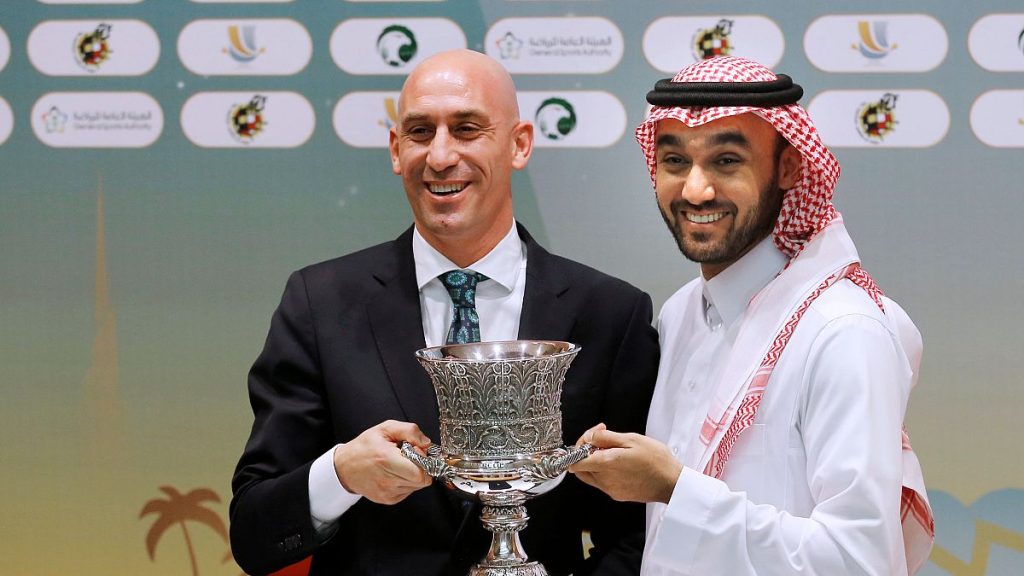 President of the Spanish Federation Luis Rubiales and Saudi General Sport Authority GSA chairman Prince Abdulaziz bin Turki Al-Faisal Wednesday, Dec. 18, 2019.