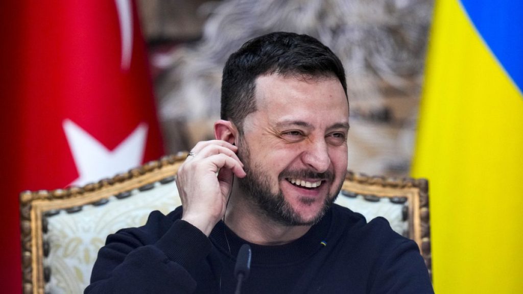 Ukrainian President Volodymyr Zelenskyy smiles during a joint news conference with Turkish President Recep Tayyip Erdogan in Istanbul, Turkey, Friday, March 8, 2024.