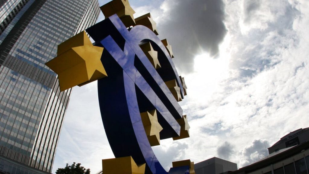 In this July 31, 2012 file photo the euro sculpture stands in front of the headquarters of the European Central Bank, ECB, in Frankfurt, Germany.