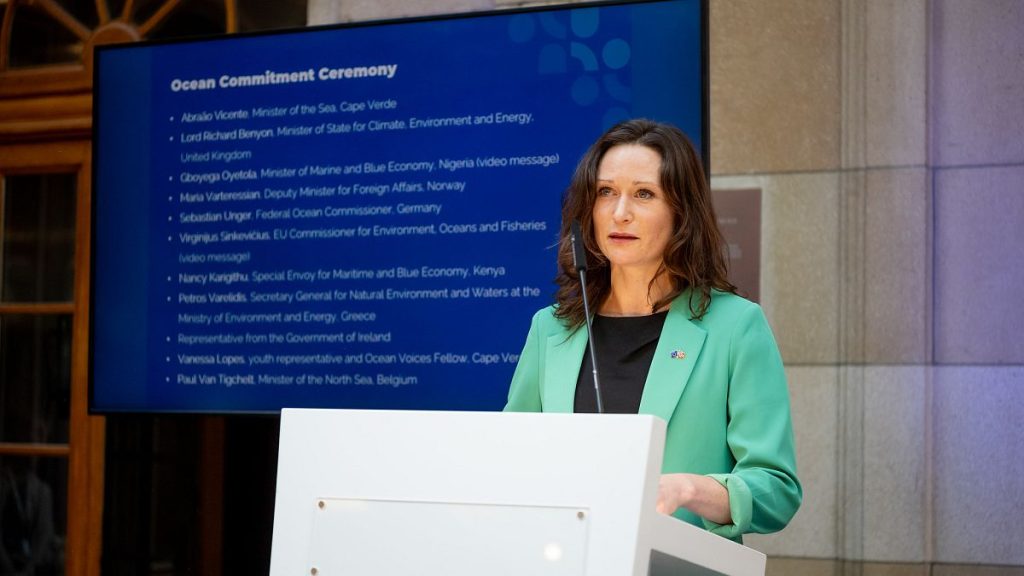 Norwegian foreign ministry state secretary Maria Varteressian speaks at a Belgian government event to promote the United Nations