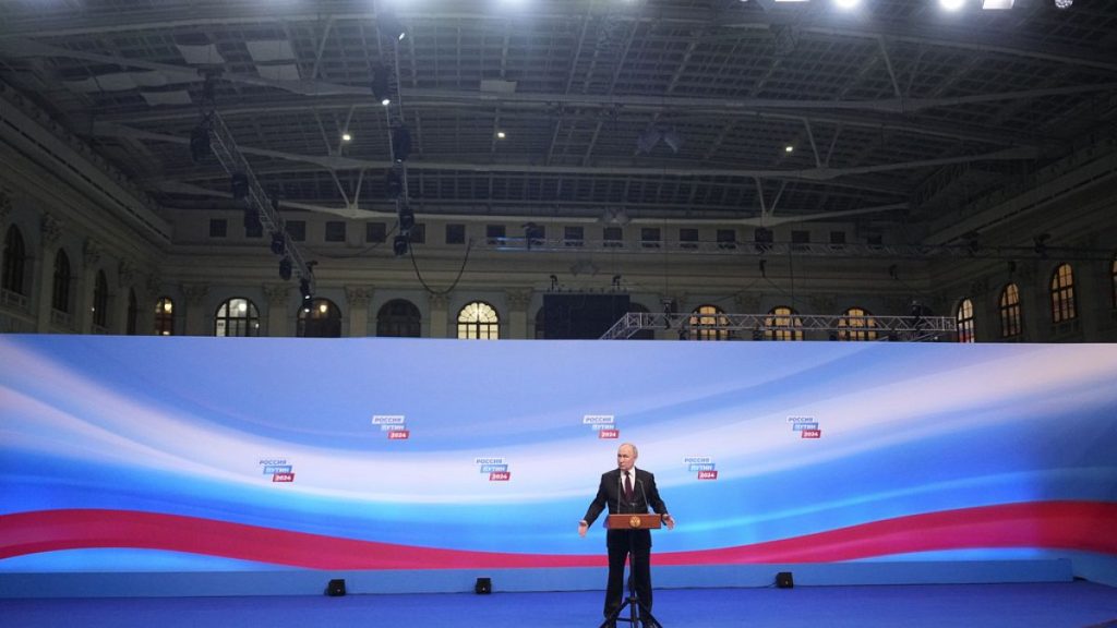 Russian President Vladimir Putin speaks on a visit to his campaign headquarters after a presidential election in Moscow