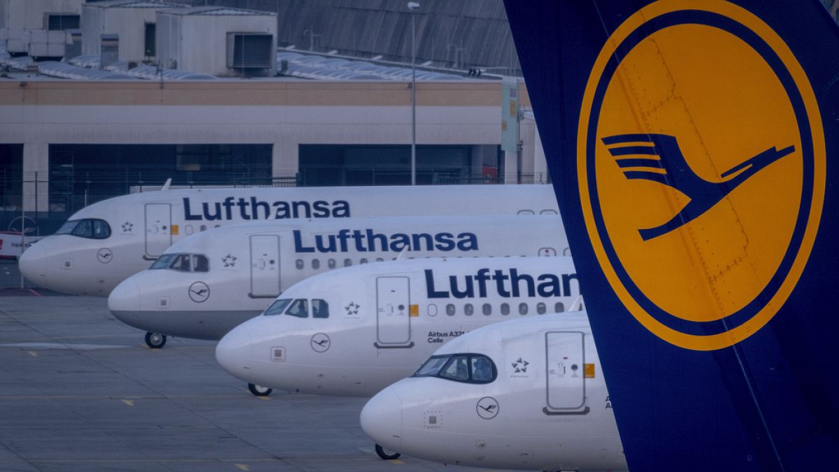 Lufthansa aircrafts are parked at the airport in Frankfurt, Germany, Thursday, March 7, 2024.