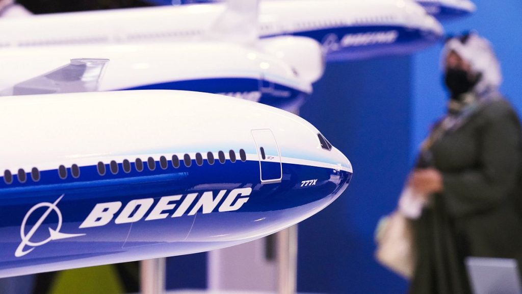 Models of Boeing aircraft at the Dubai Air Show in Dubai, United Arab Emirates, Wednesday, Nov. 17, 2021.