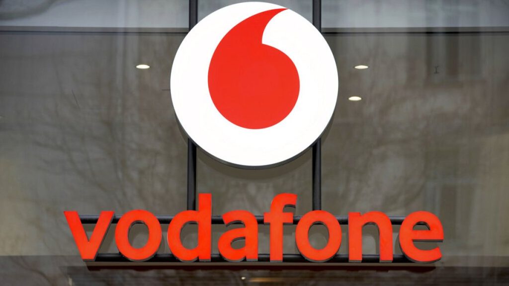 The logo for the Vodafone brand on one of its retail stores in Berlin, Germany. Tuesday, Feb. 1, 2022.