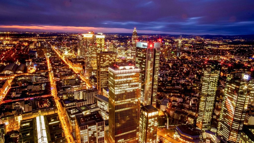 The buildings of the banking district are seen after the sun set in Frankfurt, Germany, February 2020.