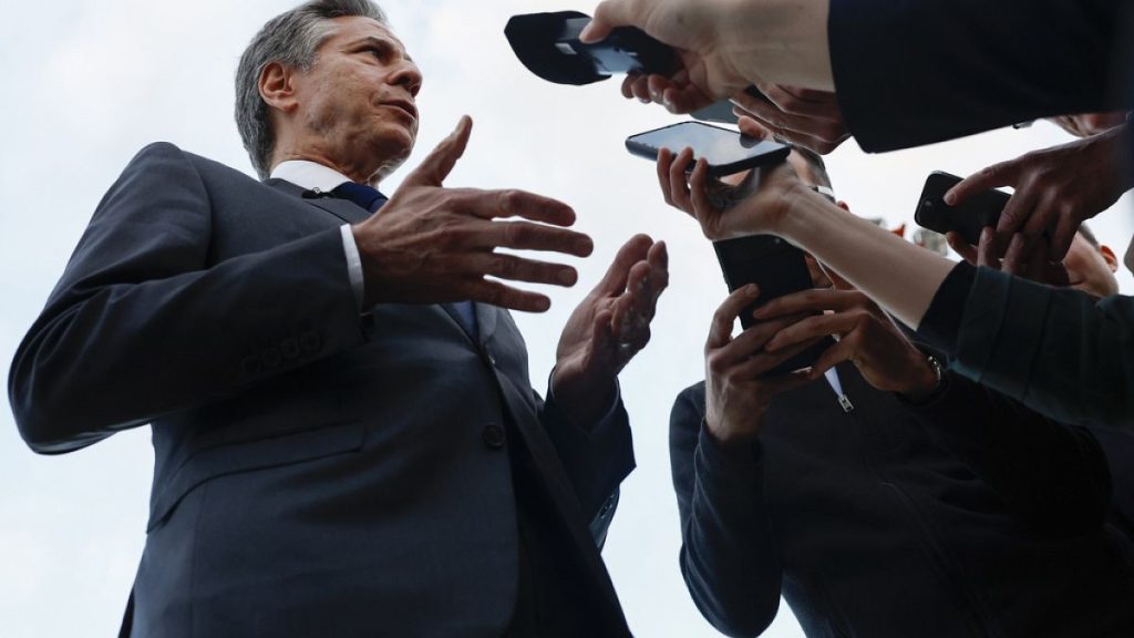 U.S. Secretary of State Antony Blinken speaks to the media as he departs, at Ben Gurion International airport in Tel Aviv, Israel, Friday March 22, 2024.