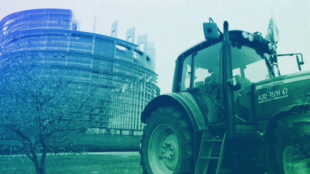 A tractor is pictured outside the European Parliament in Strasbourg, October 2018