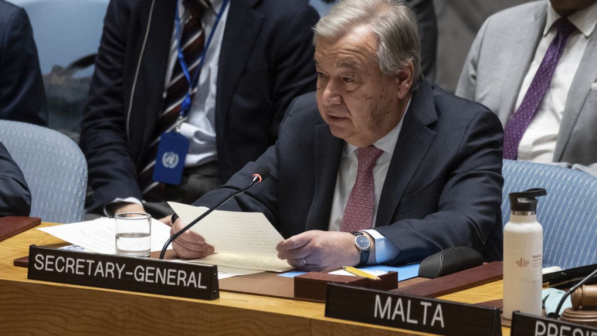 United Nations Secretary-General Antonio Guterres addresses the United Nations Security Council during an emergency meeting at U.N. headquarters, Sunday, April 14, 2024.
