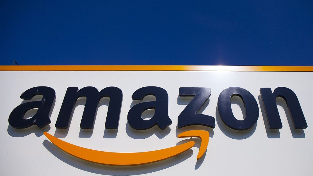 The Amazon logo in Douai, northern France, Thursday, April 16, 2020.