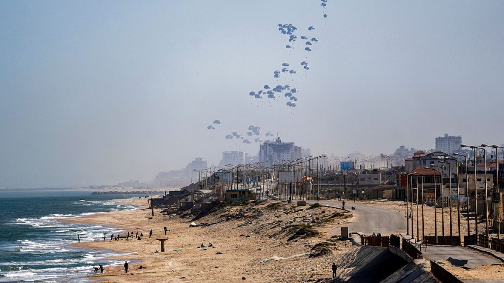 Humanitarian aid is airdropped to Palestinians over Gaza City, Gaza Strip, Monday, March 25, 2024.