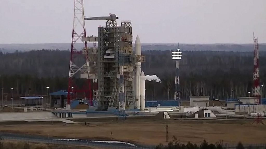 In this photo taken from video released by Roscosmos space corporation on Wednesday, April 10, 2024 an Angara-A5 rocket is seen prior to the launch at Vostochny space facility