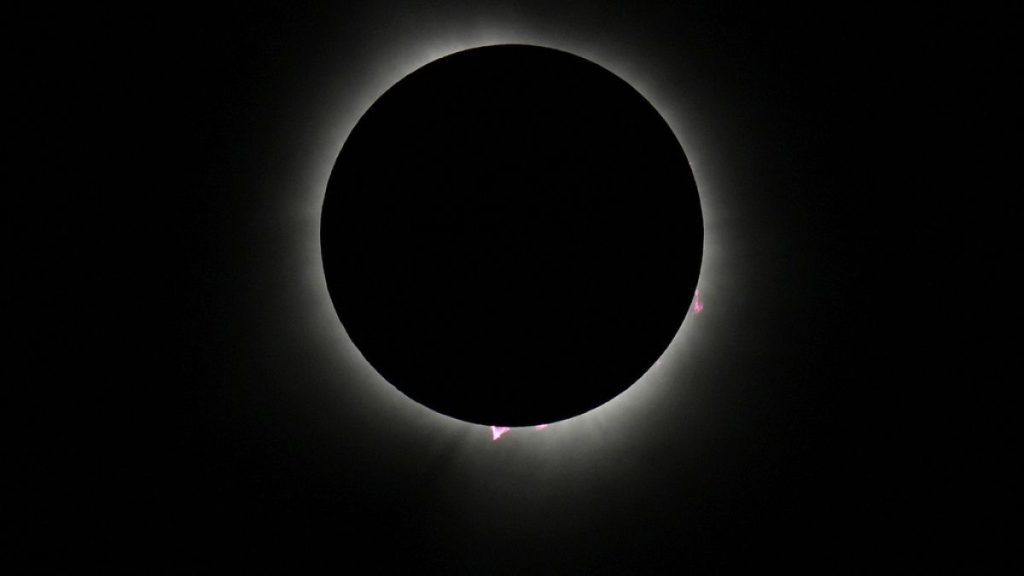 The moon covers the sun during a total solar eclipse Monday, April 8, 2024, as seen from Carbondale, Ill.