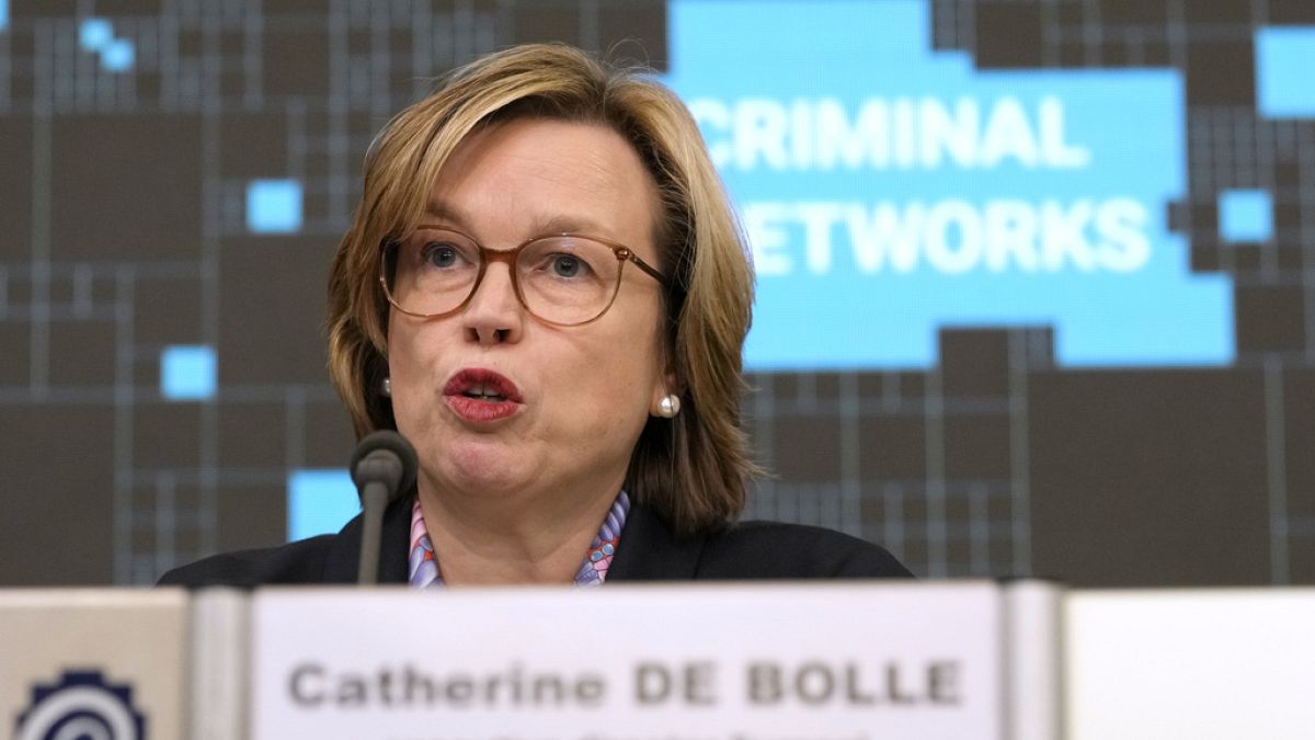 Europol Executive-Director Catherine De Bolle, addresses a media conference at the Residence Palace in Brussels, Friday, April 5, 2024.