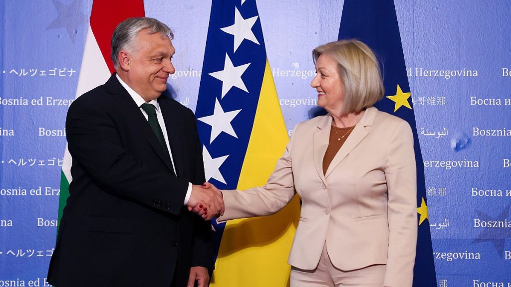 Hungarian PM Orban shakes hands with the President of the Council of Ministers of Bosnia and Herzegovina Kristo prior to their meeting in Sarajevo, Bosnia, April 4, 2024