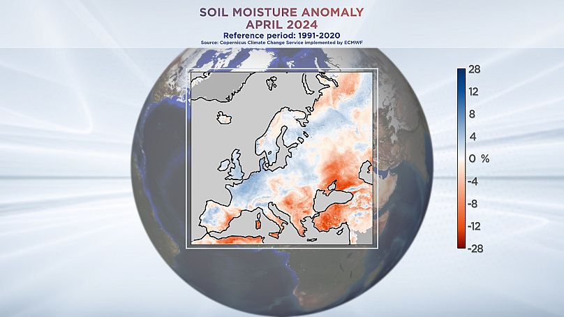 Anomalie d'humidité du sol Europe, avril 2024. Données du service Copernicus sur le changement climatique mis en œuvre par le CEPMMT.