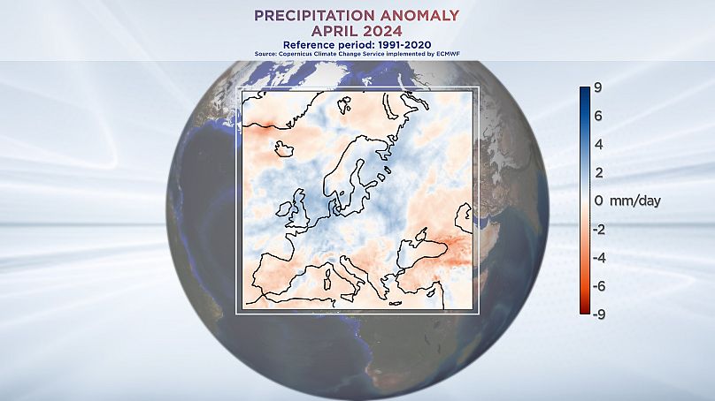 Anomalies de précipitations en Europe, avril 2024. Données du service Copernicus sur le changement climatique mis en œuvre par le CEPMMT.