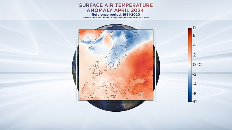 Anomalie de température de l'air en surface en Europe, avril 2024. Données du service Copernicus sur le changement climatique mis en œuvre par le CEPMMT.