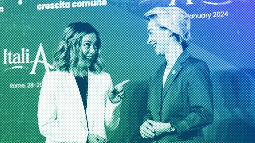 Italian Premier Giorgia Meloni shares a light moment as she welcomes European Commission President Ursula von der Leyen in Rome, January 2024