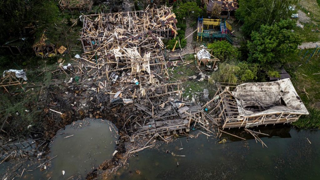 Destroyed resort compound is seen from above after a Russian rocket attack near Kharkiv, Ukraine, Sunday, May 19, 2024.