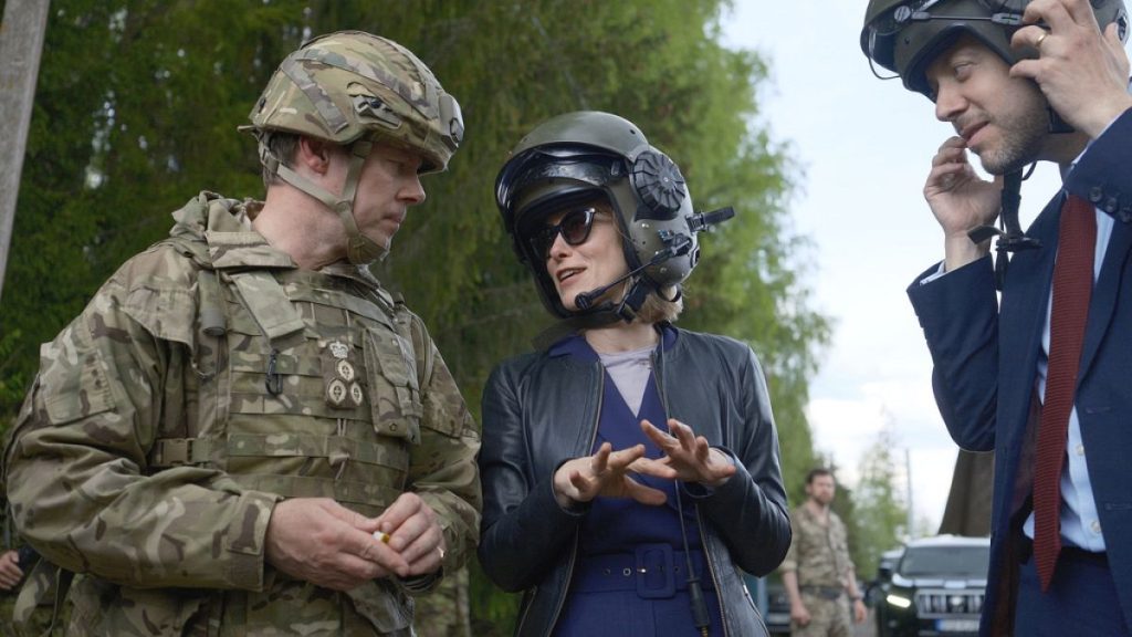 Estonian Prime Minister Kaja Kallas speaks to Brig. Charles Harris, commander of British forces in Estonia and Ross Allen, British ambassador to Estonia, May 15, 2024.