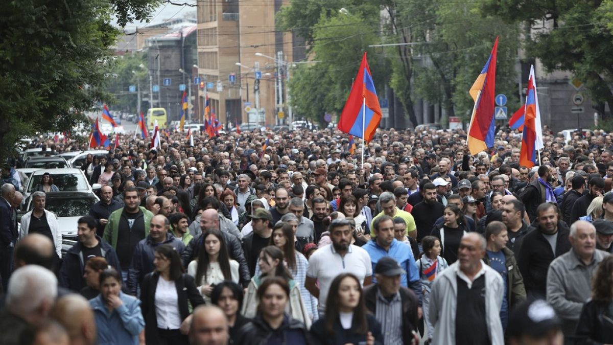 Protesters attend a rally against Prime Minister Nikol Pashinyan in Yerevan, Armenia, Sunday, May 26, 2024.
