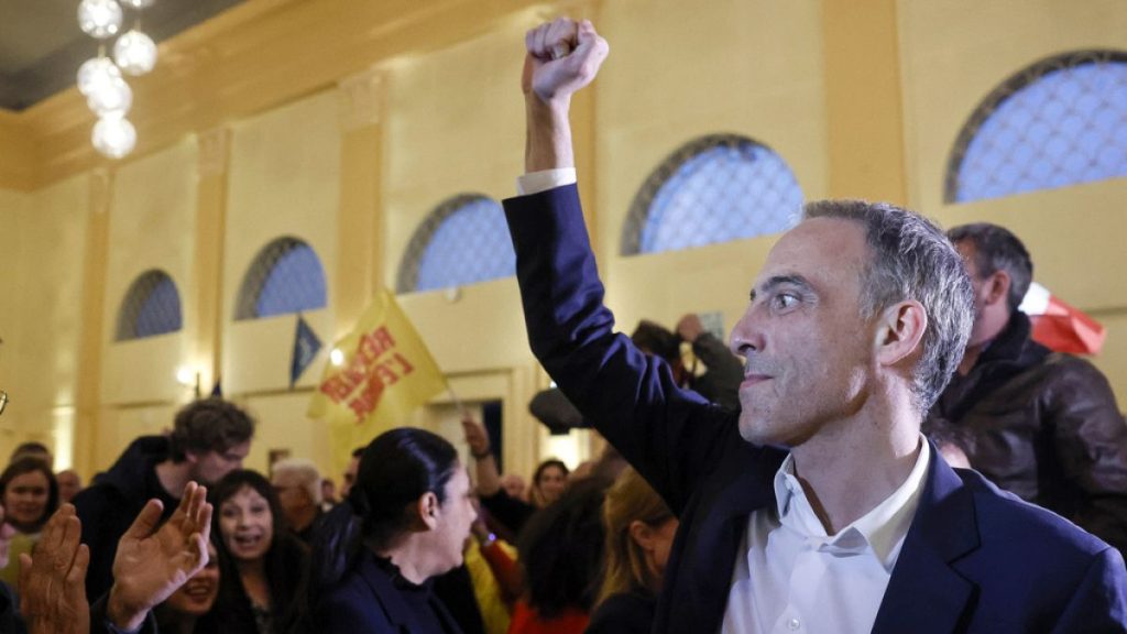 French Socialist Party candidate for the European elections Raphael Glucksmann greets the audience during a rally in Strasbourg, eastern France, Wednesday April 24, 2024.