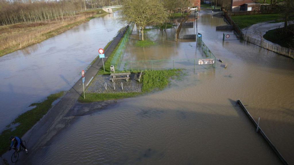 A cyclist stops to look at flood waters on a property in Geraardsbergen, Belgium, Thursday, Jan. 4, 2024