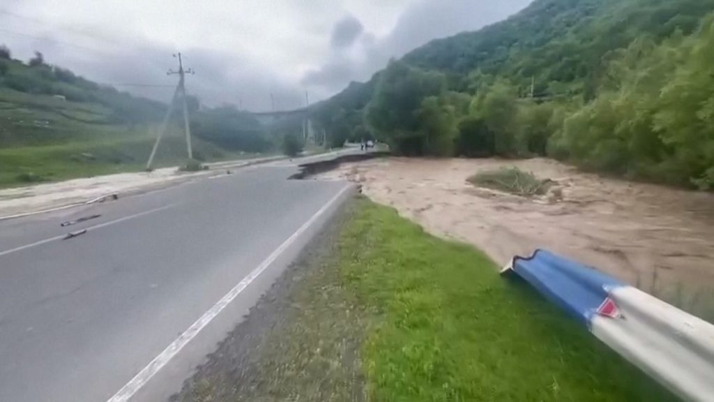 M-4 highway, Dilijan area, Armenia - 26 May 2024, river flow washing away pavement on M-4 highway