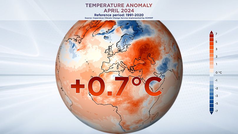 Anomalie de température avril 2024. Données du service Copernicus sur le changement climatique mis en œuvre par le CEPMMT