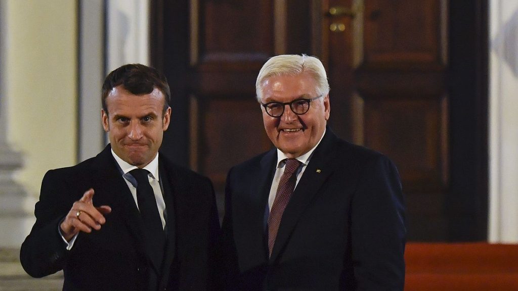 FILE - French President Emmanuel Macron, left, gestures as he is welcomed by German President Frank-Walter Steinmeier, Sunday Nov. 10, 2019.