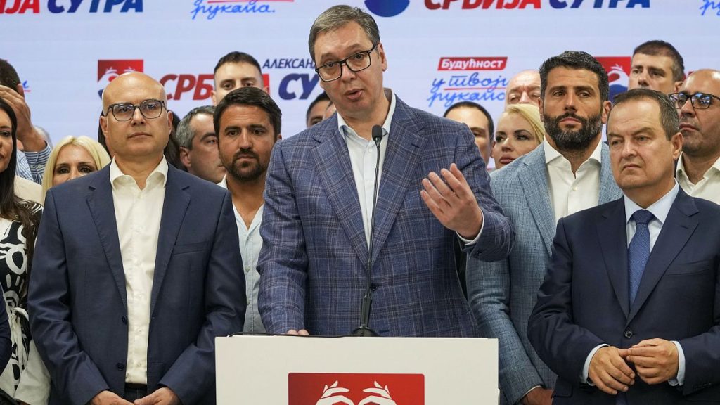 Serbian President Aleksandar Vučić speaks at his party