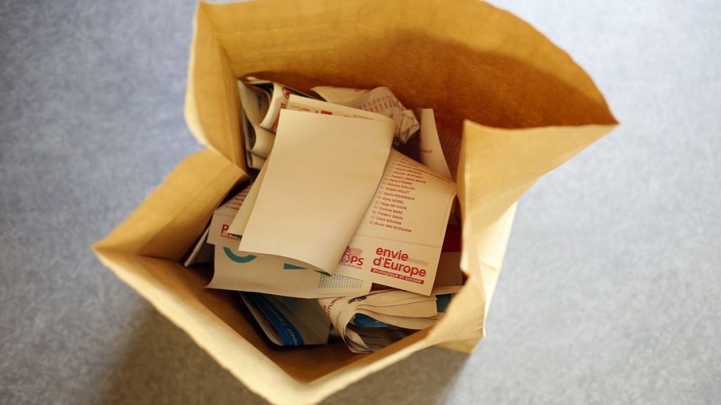 Ballot papers lay in a garbage can in a polling station in Paris, Sunday, May 26, 2019.