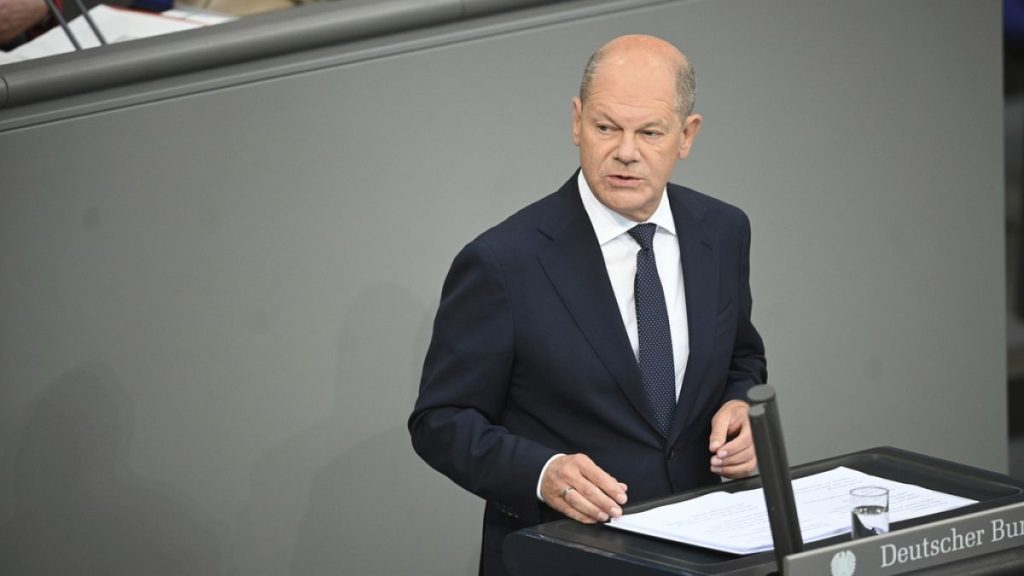 German Chancellor Olaf Scholz speaks during a Bundestag German Parliament session in Berlin Thursday, June 6, 2024.