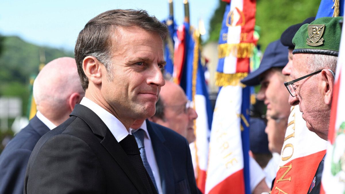 French President Emmanuel Macron attends a memorial ceremony in Tulle, central France, Monday, June 10, 2024.