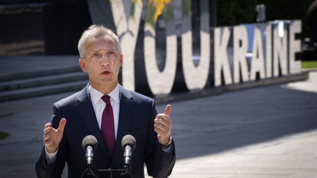 NATO Secretary General Jens Stoltenberg talks during his joint press conference with Ukrainian President Volodymyr Zelenskyy in Kyiv, Ukraine, Monday, April 29, 2024. (AP Phot