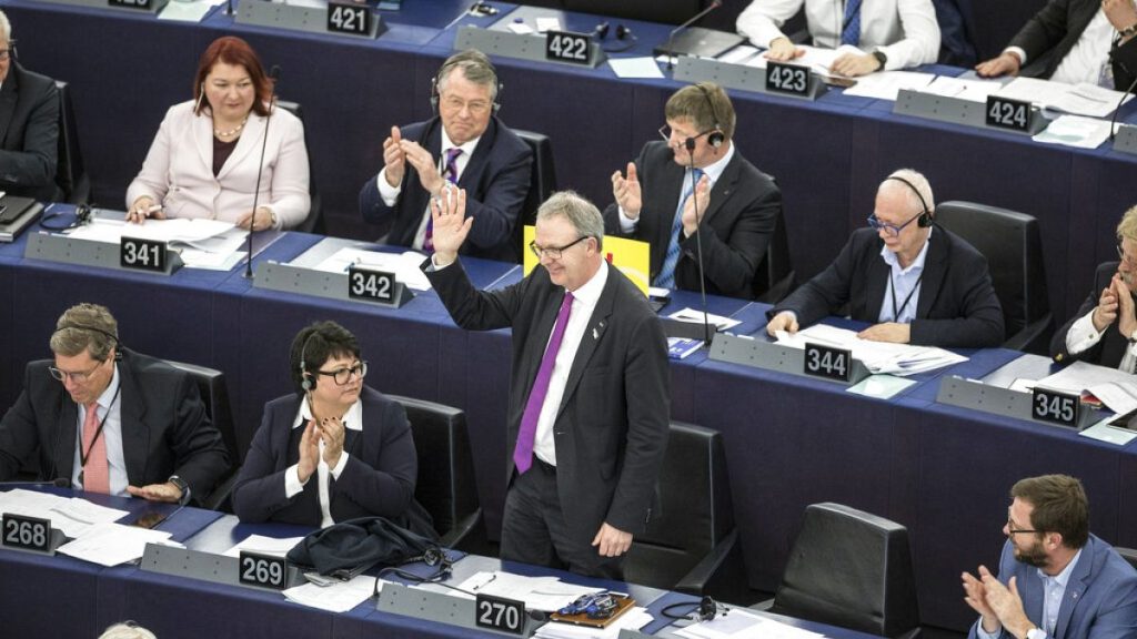 Axel Voss, Member of the European Parliament and rapporteur of the copyright bill, stands at the European Parliament in Strasbourg, France, Tuesday March 26, 2019.