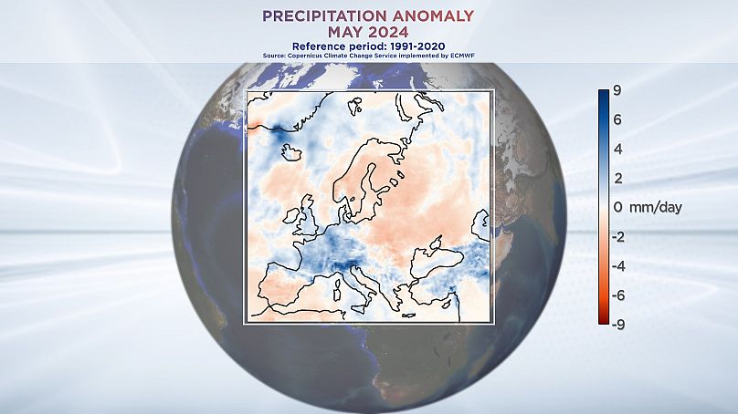 Anomalie de précipitations mai 2024. Données du service Copernicus sur le changement climatique mis en œuvre par le CEPMMT