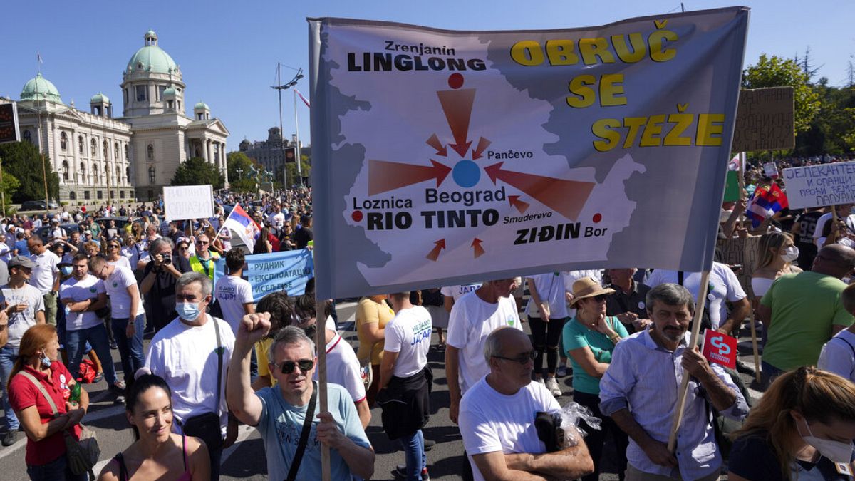 People attend a protest against pollution and the exploitation of a lithium mine in western part of the country, in Belgrade, Serbia, Saturday, Sept. 11, 2021.