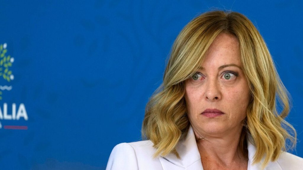 Italian Prime Minister Giorgia Meloni prepares to address a final media conference at the G7 in Borgo Egnazia, near Bari in southern Italy, Saturday, June 15, 2024.