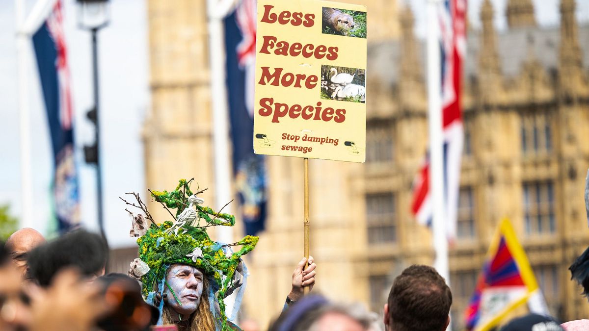 A protestor holds a placard reading