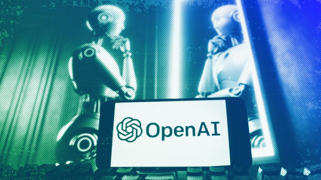 The OpenAI logo is displayed on a cell phone with an image on a computer monitor generated by ChatGPT