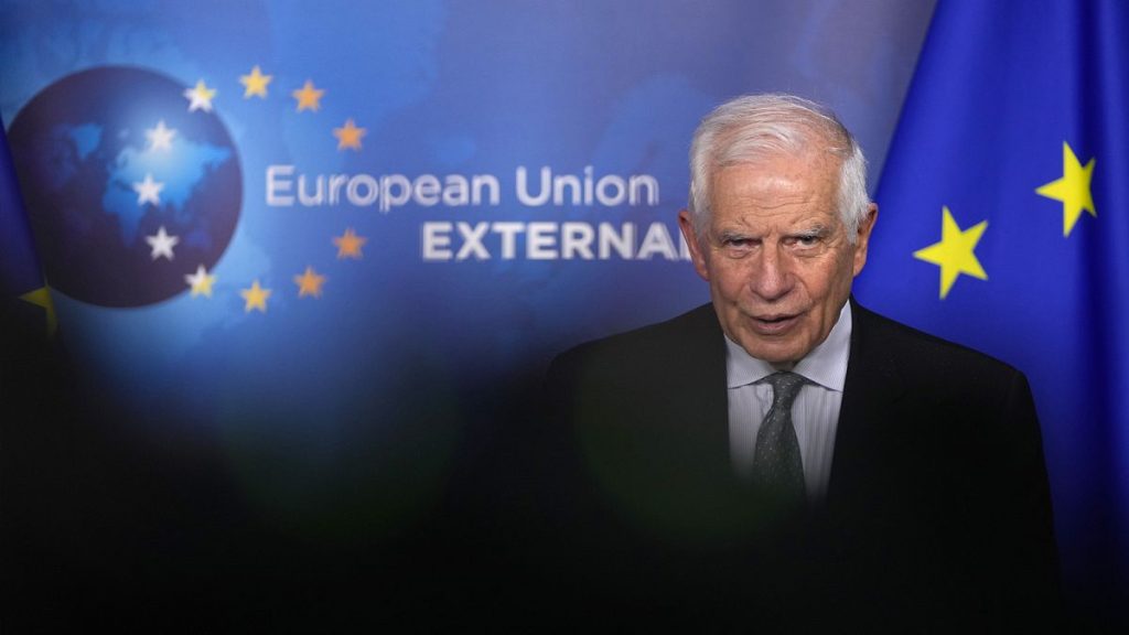 European Union foreign policy chief Josep Borrell reads a statement during a media conference prior to talks on Serbia-Kosovo in Brussels, 26 June 2024